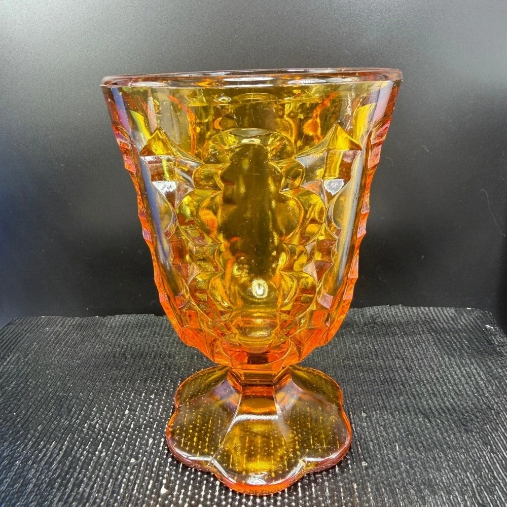Vintage Amber Glass Goblet Diamond Starburst Footed Water Glass Cup VTG Decor‎
